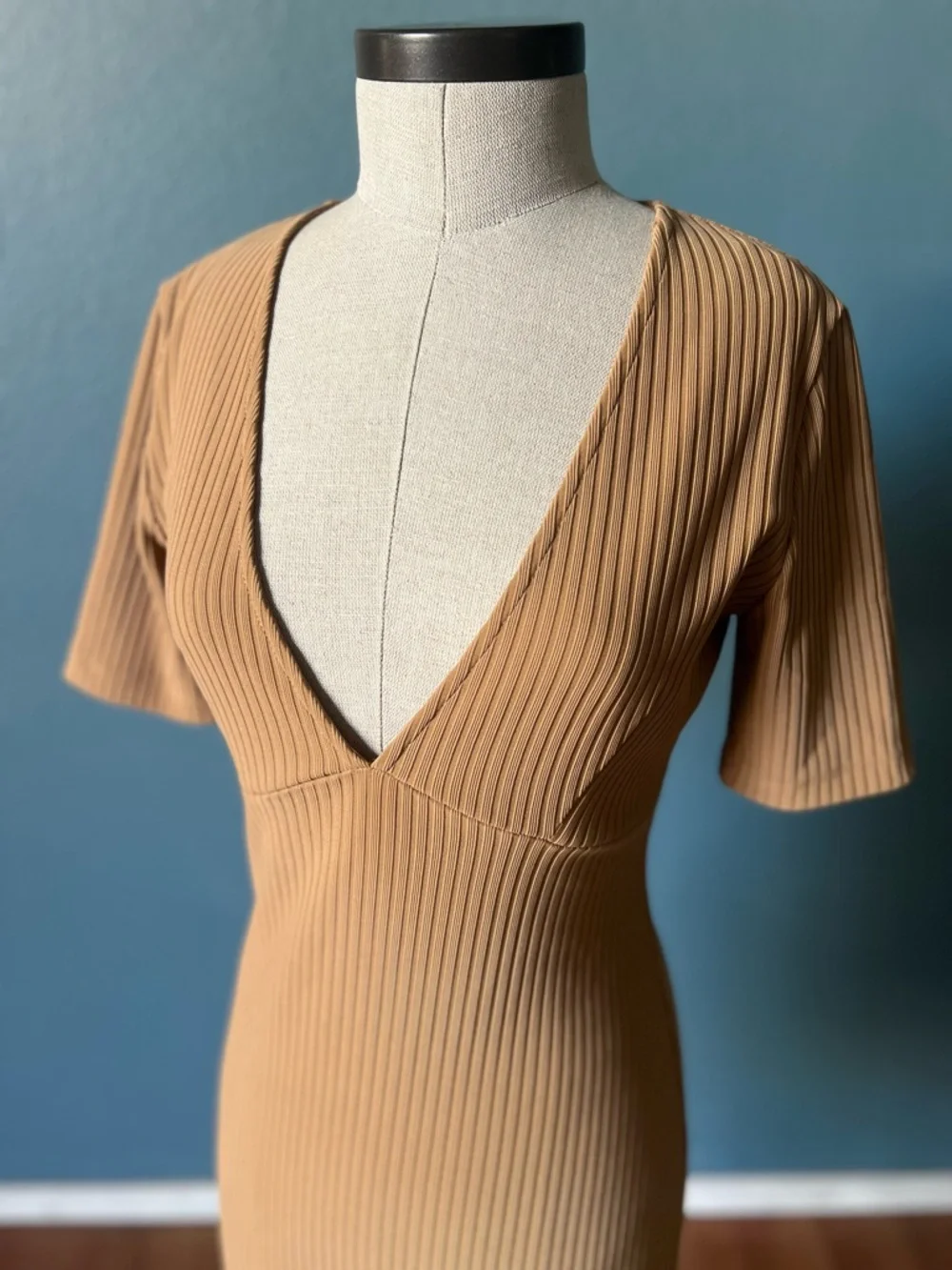Forever 21 Ribbed Deep V-Neck Mini Dress in Camel bodycon dress spring‎ summer